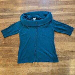 Soft Surroundings teal 1/2 sleeve cowel neck button-down sweater sz medium
 b21